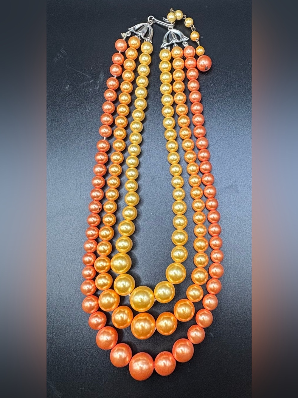Vintage 3 Strand Faux Pearl Choker Necklace Ombre Yellow Orange Gold Tulip Clasp